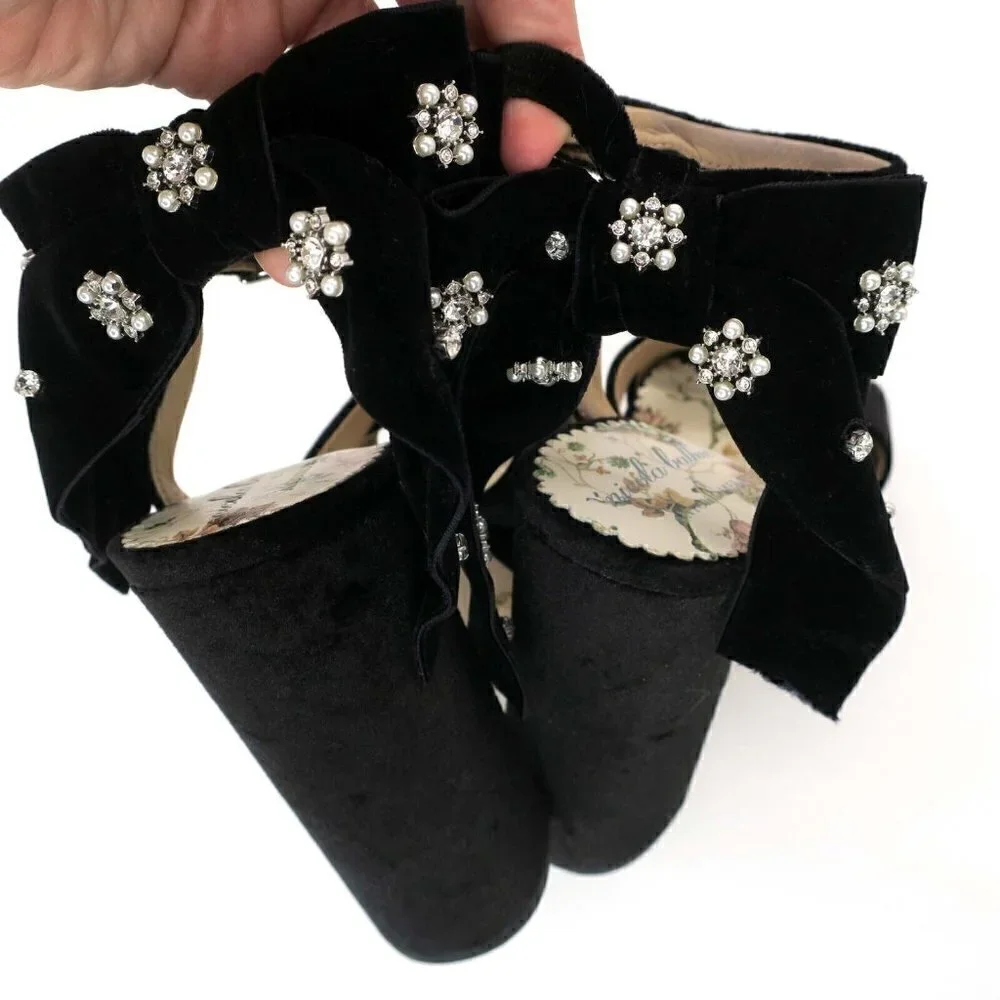 Antonio Melani x Nicola Bathie Black Velvet Lila Bow Platform Pumps Women's 10M